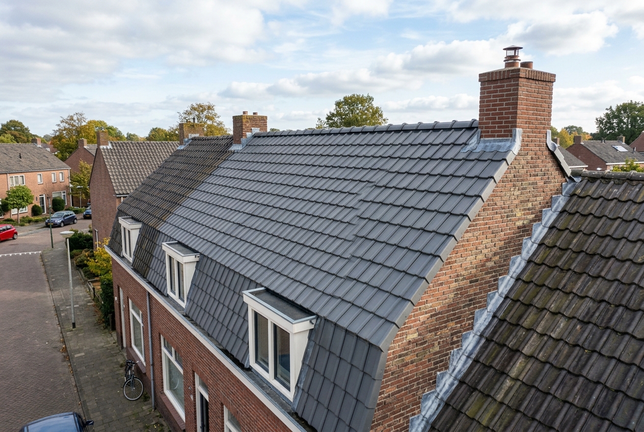 Na de reparatie: Verweerd dak, nieuwe pannen en strakke nok