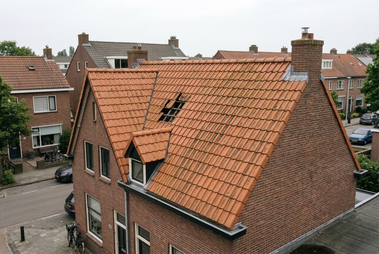 Voor de reparatie: Versleten pannendak, volledig vernieuwd
