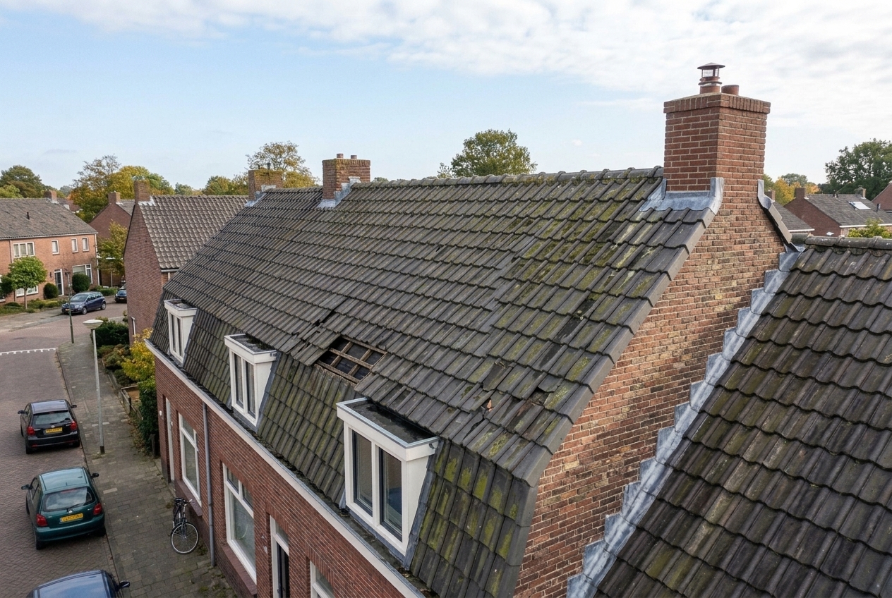 Voor de reparatie: Verweerd dak, nieuwe pannen en strakke nok