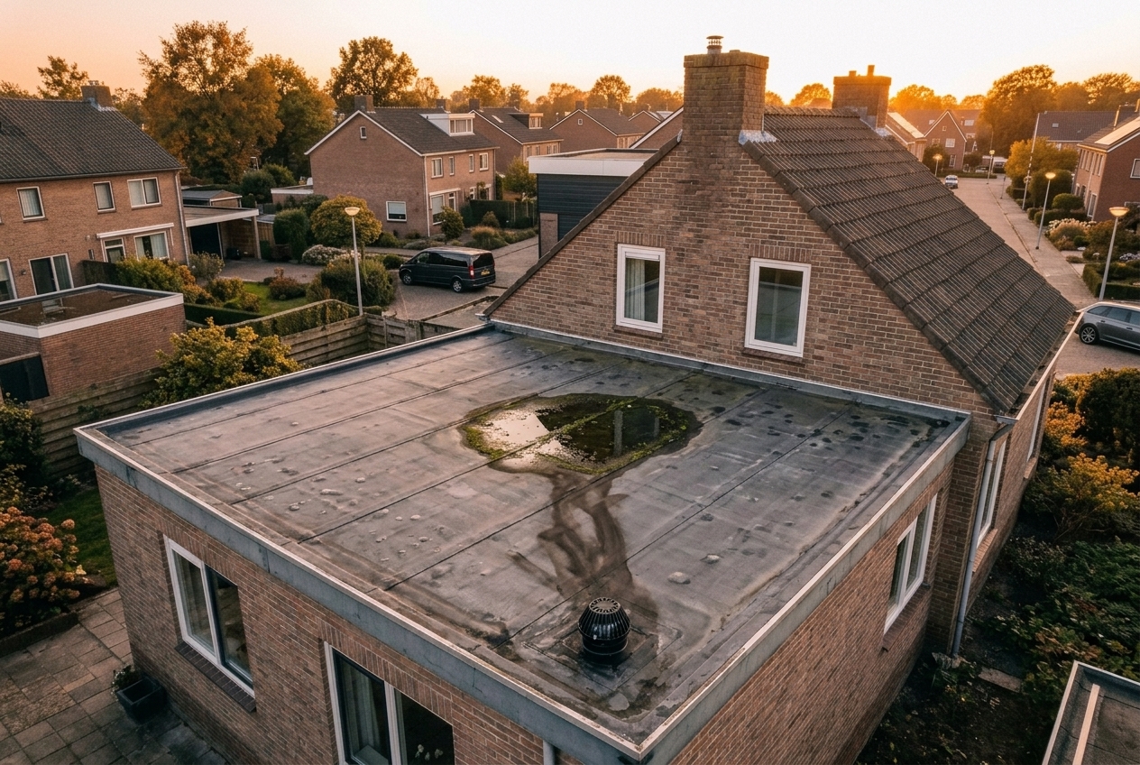 Voor de reparatie: Lekkend plat dak, opnieuw waterdicht